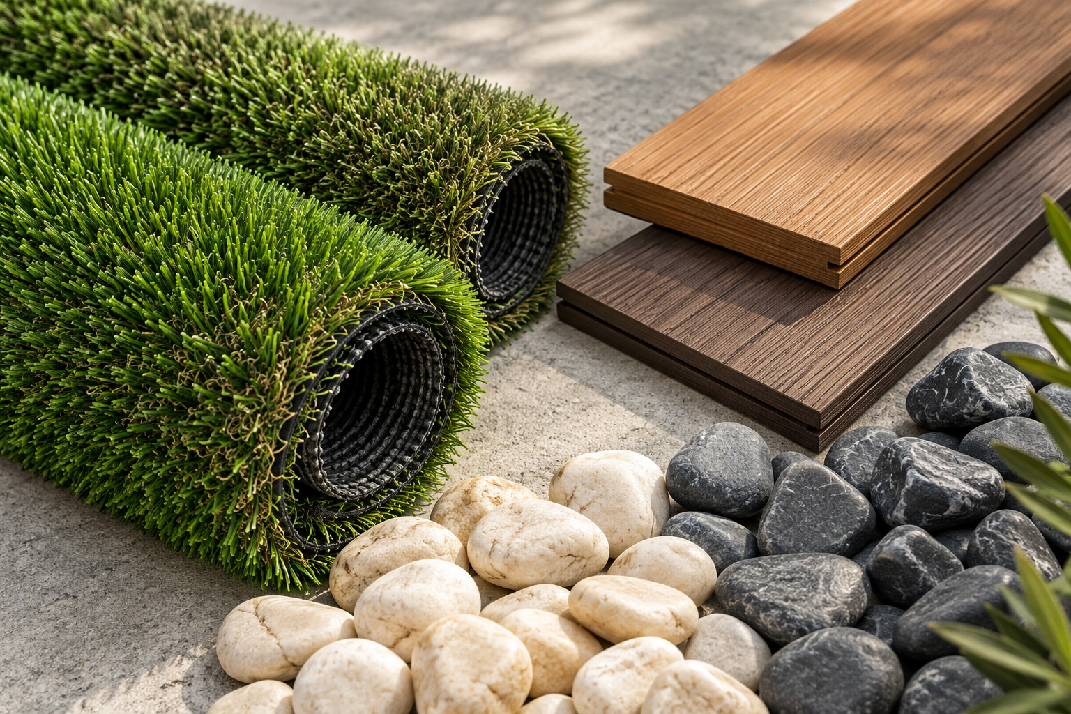 Illustrative examples of turf, decking and decorative pebbles